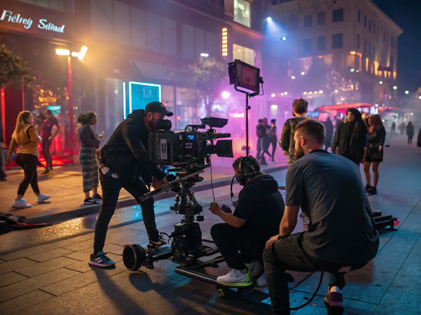 A dynamic shot of a film crew in action, capturing a scene for a commercial, showcasing the energy and professionalism of DrHeyStudios' video production services.