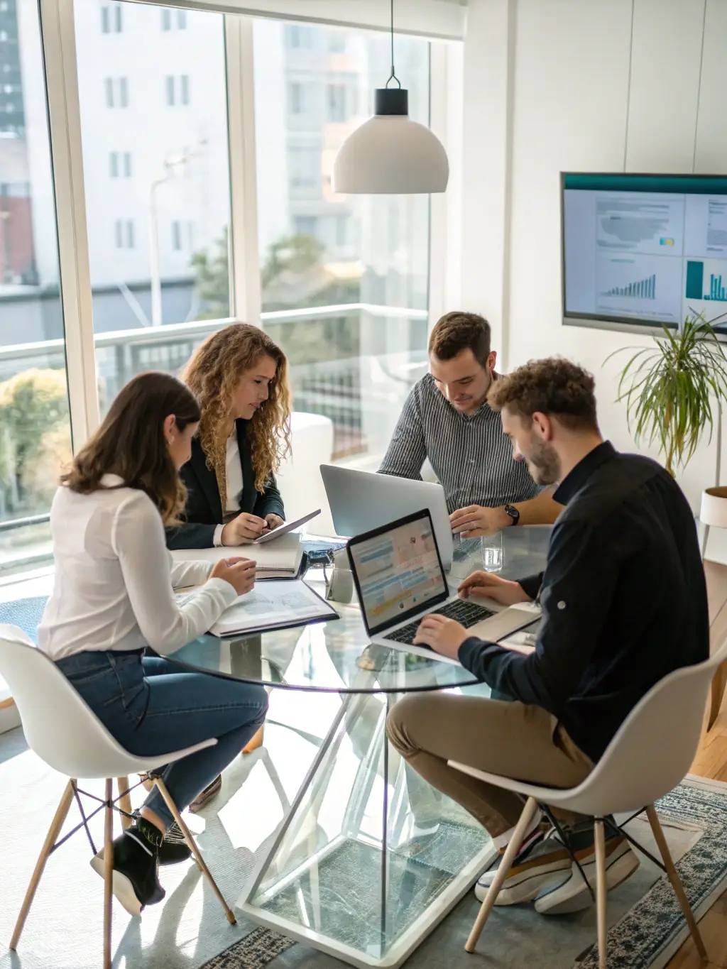 A consultant from DrHeyStudios is reviewing a marketing strategy document with a client in a modern office setting, focusing on media strategy and brand development.