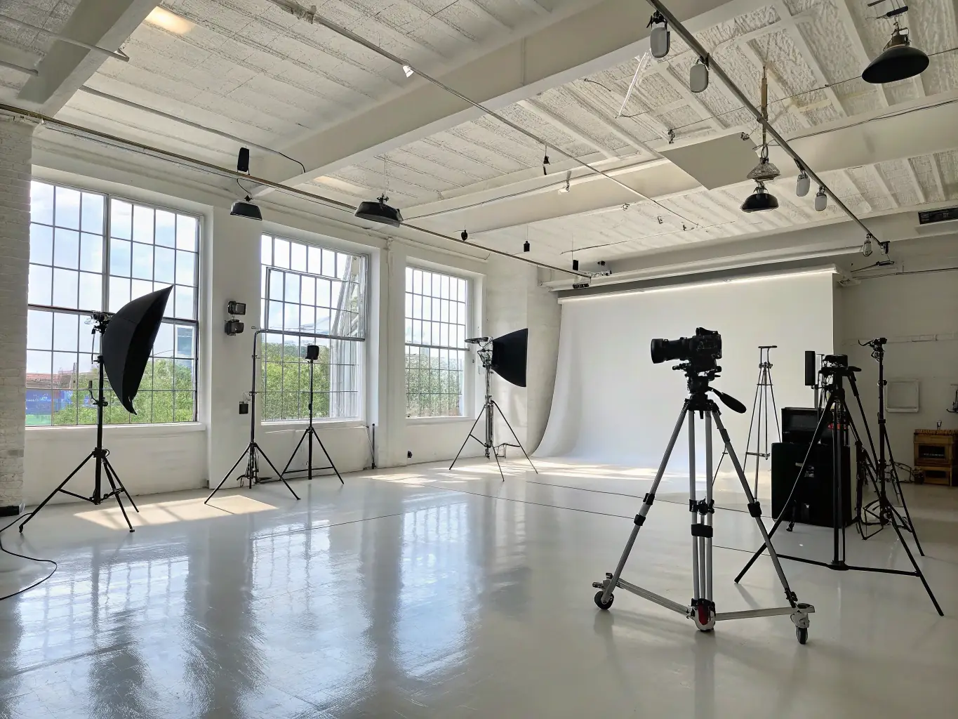 A modern, well-equipped studio space with various lighting and sound equipment, emphasizing the quality and versatility of DrHeyStudios' facilities.