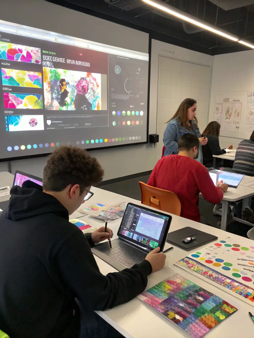 A group of students are participating in a DrHeyStudios training workshop, actively engaged in learning about video editing techniques on professional software.